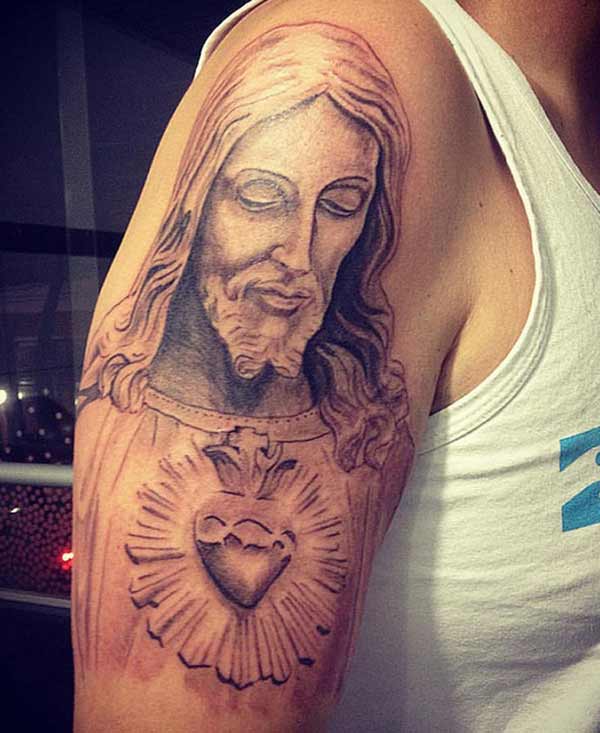 Black And Grey Jesus Tattoo On Man Right Half Sleeve
