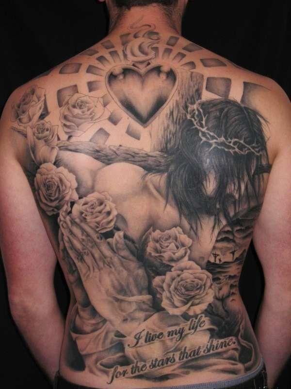 Black And Grey Jesus With Praying Hands With Roses Tattoo On Full Back
