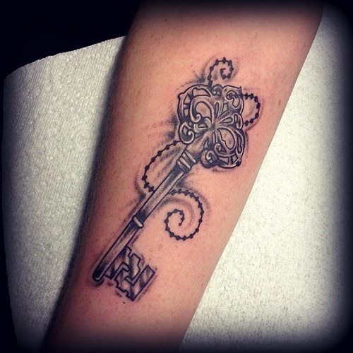 Black And Grey Key Tattoo Design For Forearm By Nikita Nevermore