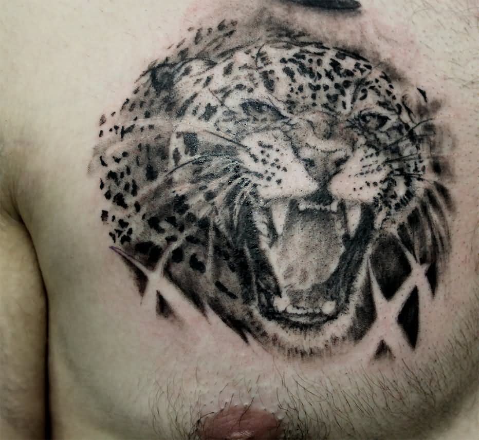 Black And Grey Roaring Jaguar Head Tattoo On Man Right Chest