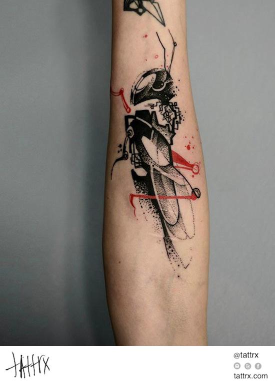 Black And Red Abstract Grasshopper Tattoo On Forearm By Katarzyna Krutak