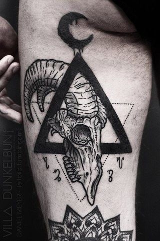 Black Geometric Goat Skull Tattoo On Left Forearm