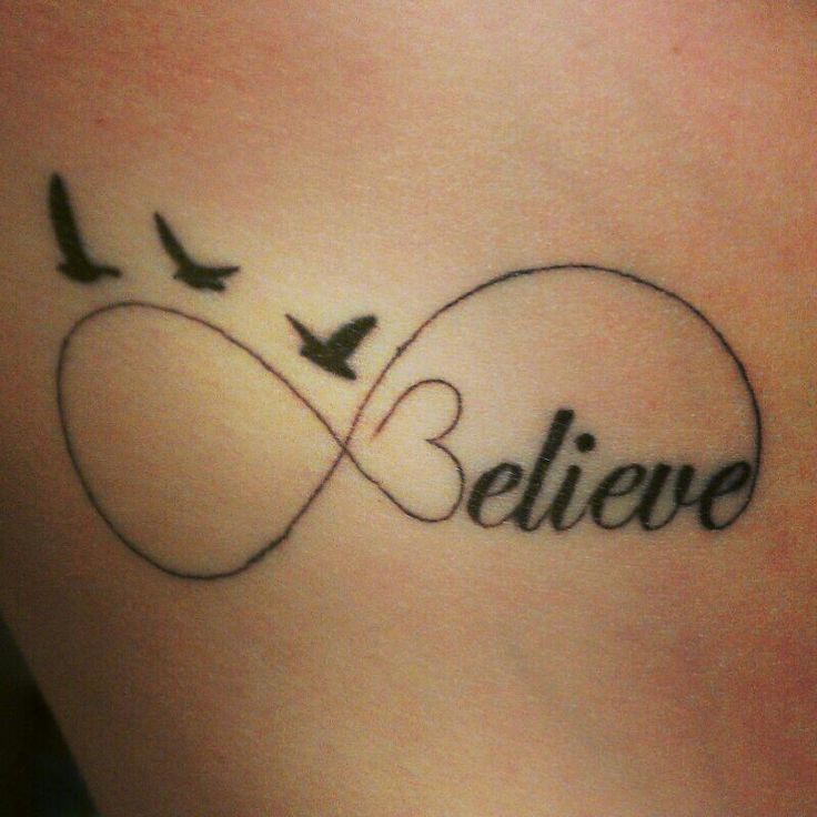 Black Infinity With Believe Lettering And Flying Birds Tattoo Design