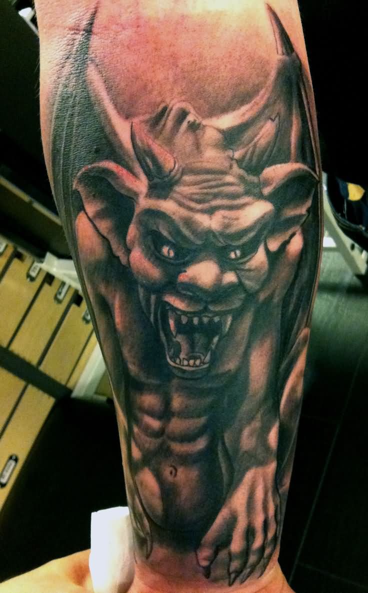 Black Ink 3D Gargoyle Tattoo On Forearm