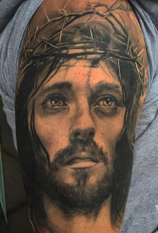 Black Ink 3D Jesus Head Tattoo On Half Sleeve
