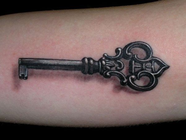 Black Ink 3D Key Tattoo Design For Forearm