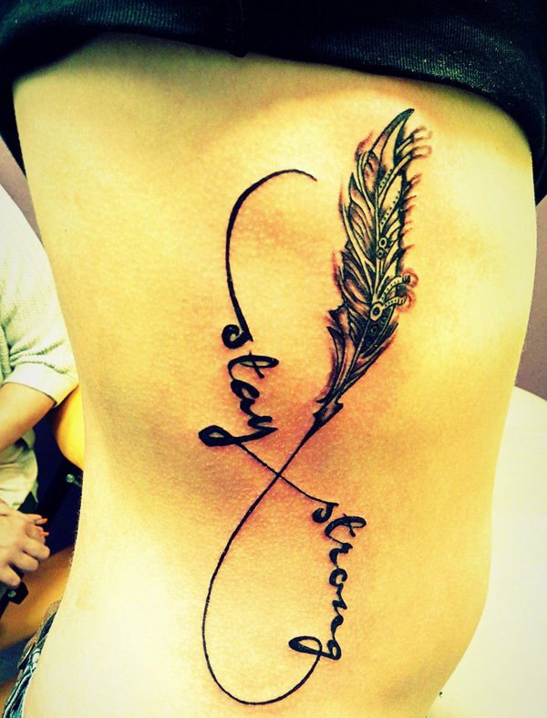 Black Ink Feather With Infinity Tattoo On Right Side Rib