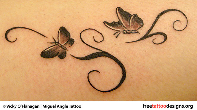 Black Ink Flying Butterflies Tattoo Design For Girl