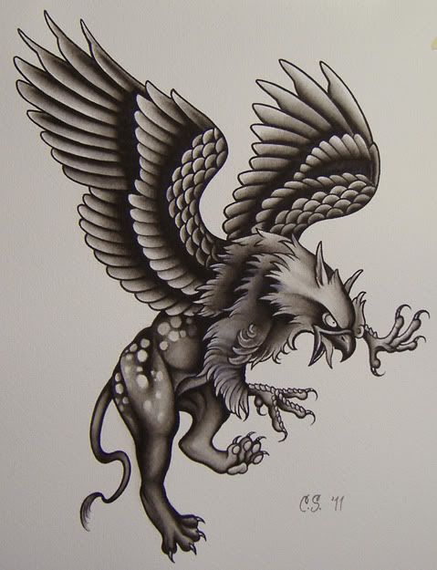 Black Ink Flying Griffin Tattoo Design By Kohlhaas