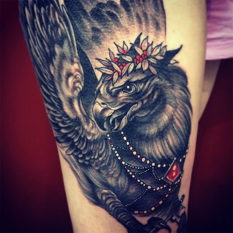 Black Ink Flying Griffin Tattoo Design For Sleeve