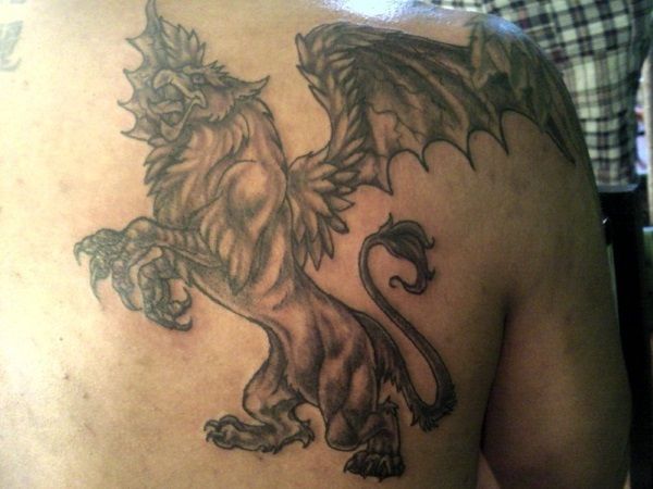 Black Ink Flying Griffin Tattoo On Right Back Shoulder