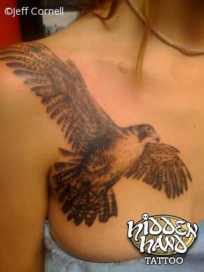 Black Ink Flying Hawk Tattoo On Girl Right Front Shoulder