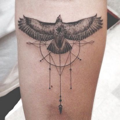 Black Ink Flying Hawk Tattoo On Right Arm