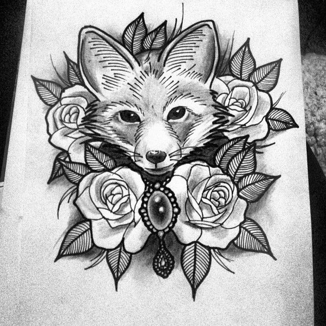 Black Ink Fox Head With Roses Tattoo Design