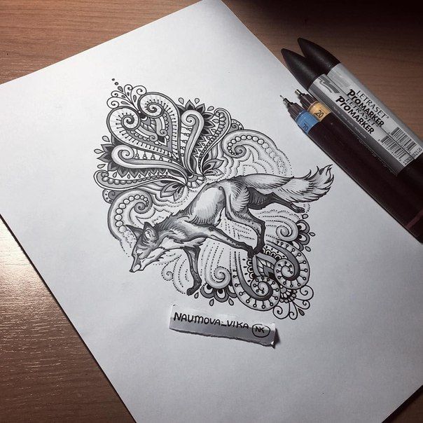 Black Ink Fox Tattoo Design By Vika Naumova