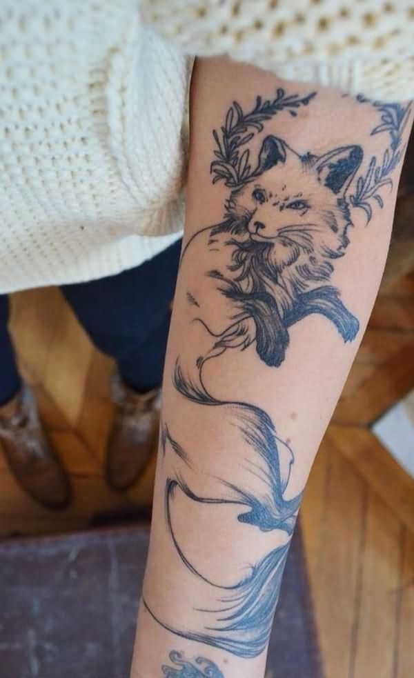 Black Ink Fox Tattoo On Left Arm