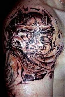 Black Ink Gargoyle Head Tattoo On Man Right Shoulder