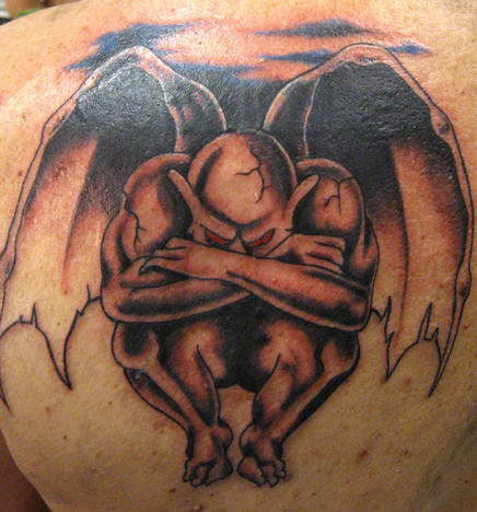 Black Ink Gargoyle Tattoo Design For Back Shoulder