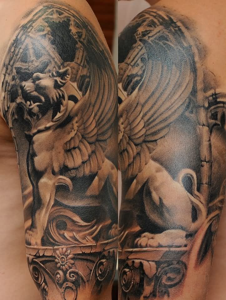 Black Ink Gargoyle Tattoo On Man Left Half Sleeve