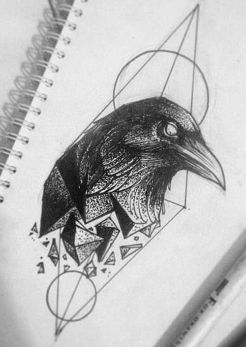 Black Ink Geometric Crow Head Tattoo Design