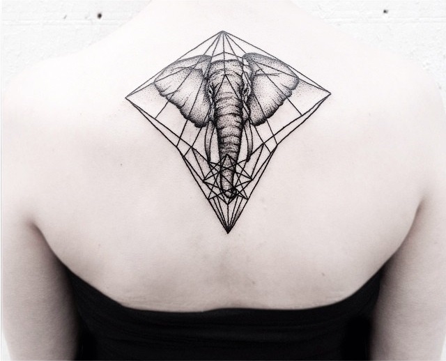 Black Ink Geometric Elephant Tattoo On Girl Upper Back