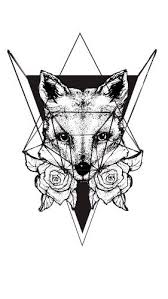 Black Ink Geometric Fox Head With Roses Tattoo Design