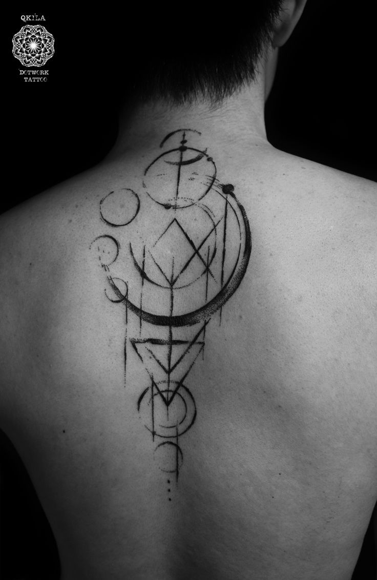 Black Ink Geometric Half Moon Tattoo On Man Upper Back