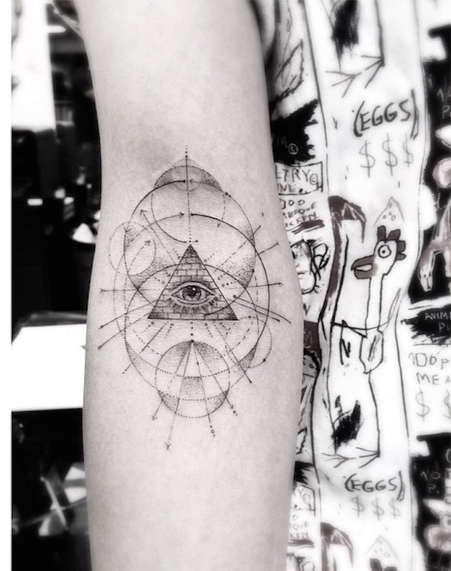 Black Ink Geometric Illuminati Eye Tattoo On Right Forearm