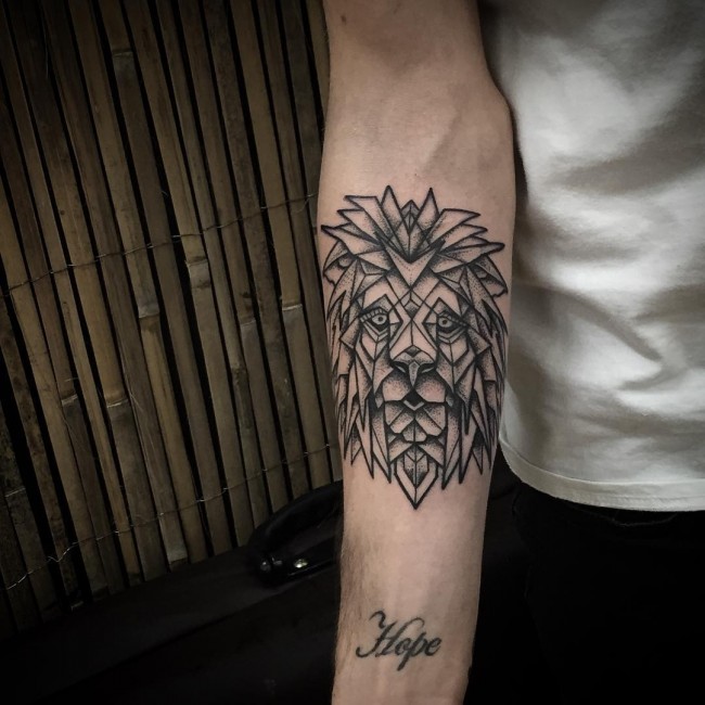 Black Ink Geometric Lion Head Tattoo On Right Forearm