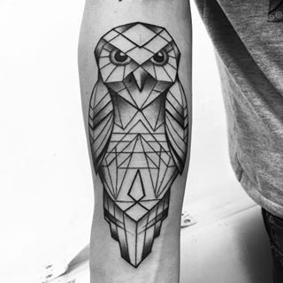 Black Ink Geometric Owl Tattoo On Sleeve