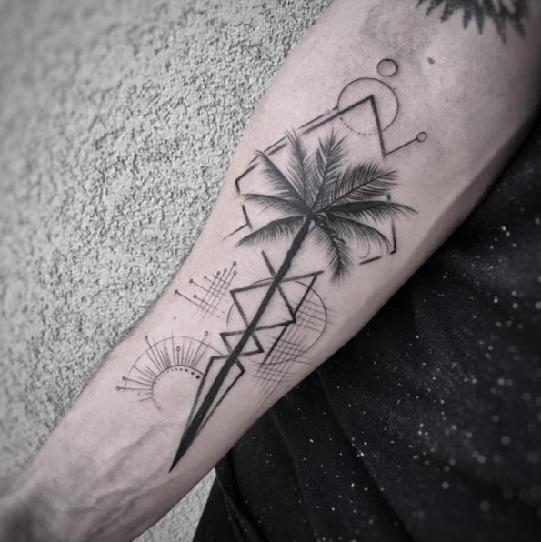 Black Ink Geometric Palm Tree Tattoo On Right Forearm