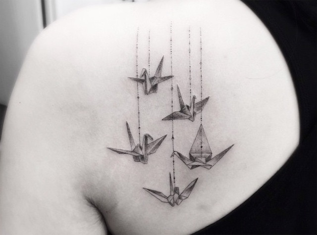 Black Ink Geometric Paper Birds Tattoo On Left Back Shoulder
