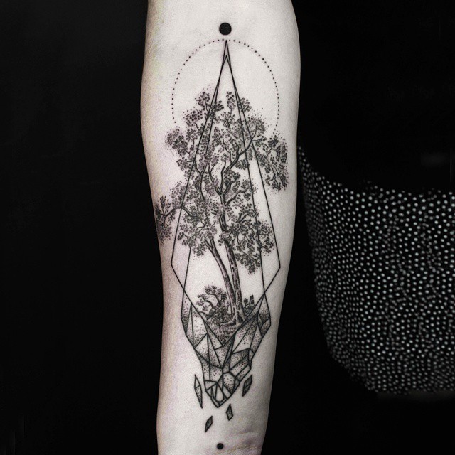 Black Ink Geometric Tree Tattoo On Forearm