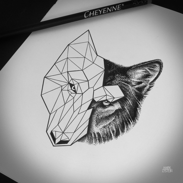 Black Ink Geometric Wolf Head Tattoo Design