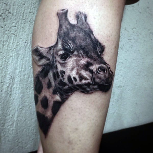 Black Ink Giraffe Head Tattoo Design For Leg Calf