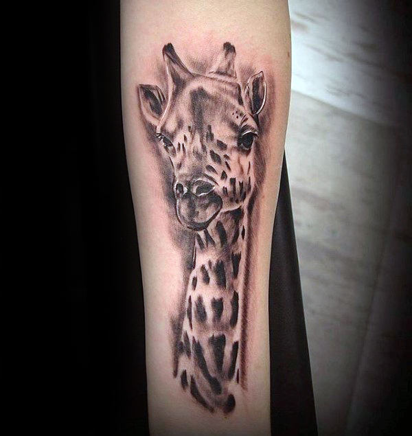 Black Ink Giraffe Head Tattoo On Forearm