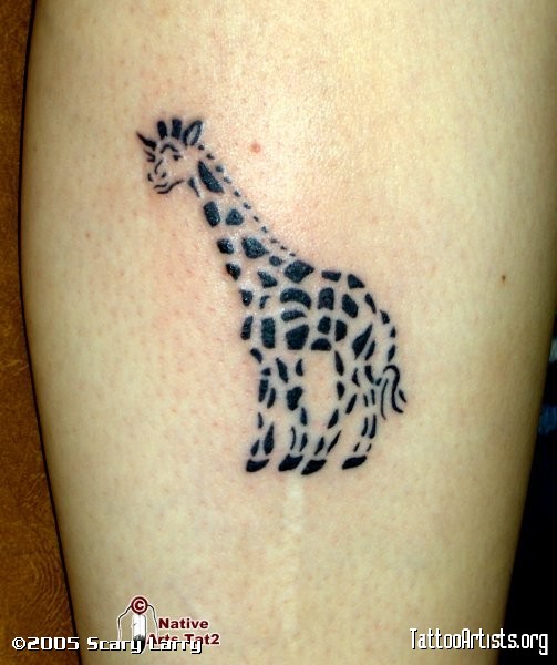 Black Ink Giraffe Tattoo Design For Leg