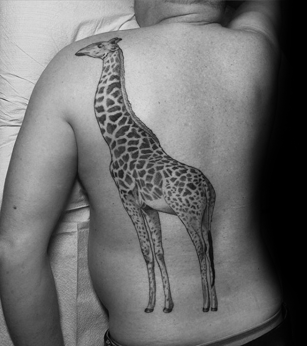 Black Ink Giraffe Tattoo On Man Full Back
