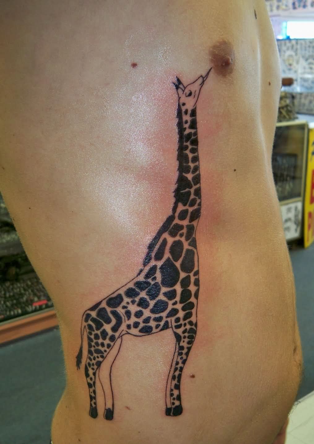Black Ink Giraffe Tattoo On Man Right Side Rib