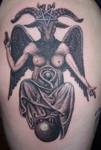 Black Ink Goat Head Angel Tattoo Design