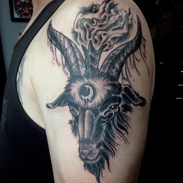 Black Ink Goat Head Tattoo On Man Left Shoulder