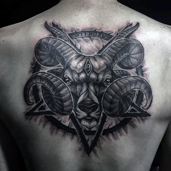 Black Ink Goat Head Tattoo On Man Upper Back