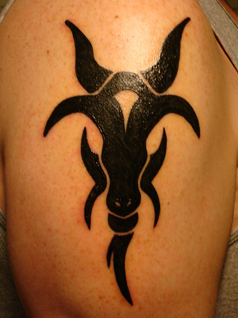 Black Ink Goat Head Tattoo On Right Shoulder