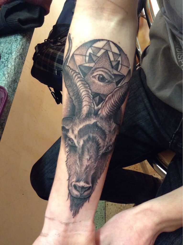 Black Ink Goat Head With Illuminati Eye Tattoo On Right Forearm