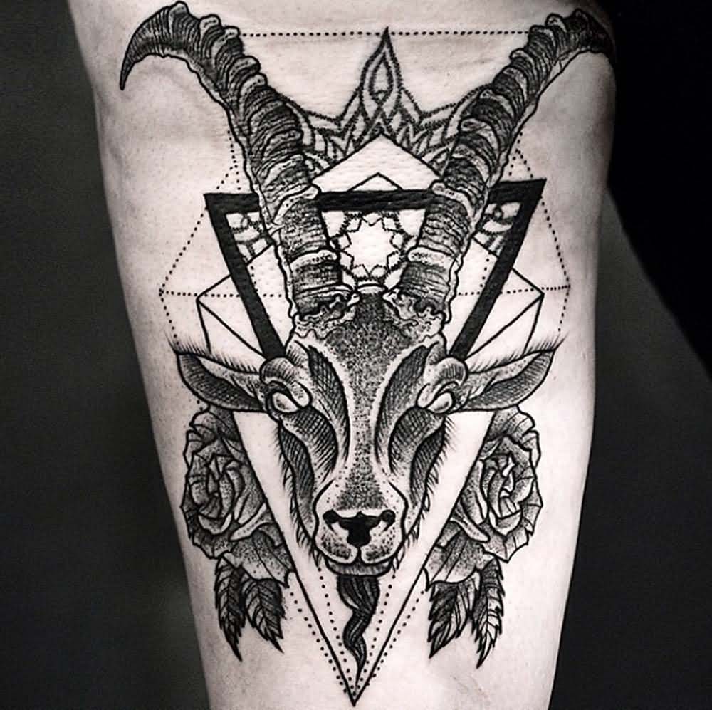 Black Ink Goat Head With Roses Tattoo Design