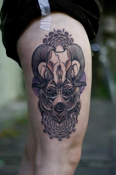 Black Ink Goat Skull Tattoo On Right Thigh