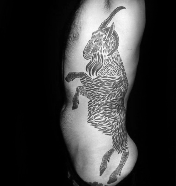 Black Ink Goat Tattoo On Man Left Side Rib