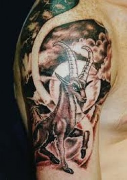 Black Ink Goat Tattoo On Man Right Shoulder