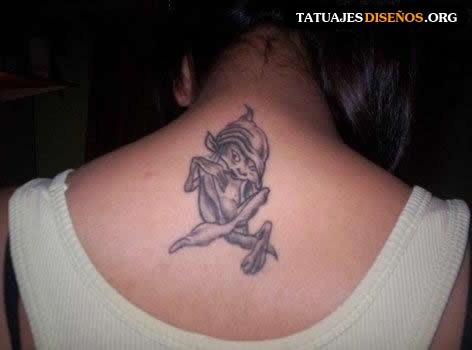 Black Ink Goblin Tattoo On Women Upper Back