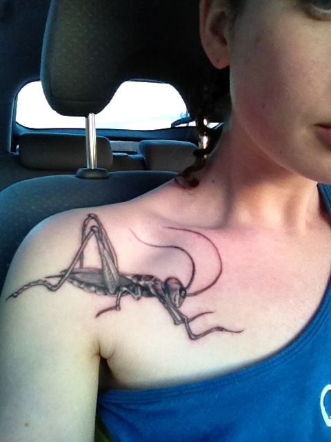Black Ink Grasshopper Tattoo On Girl Right Front Shoulder
